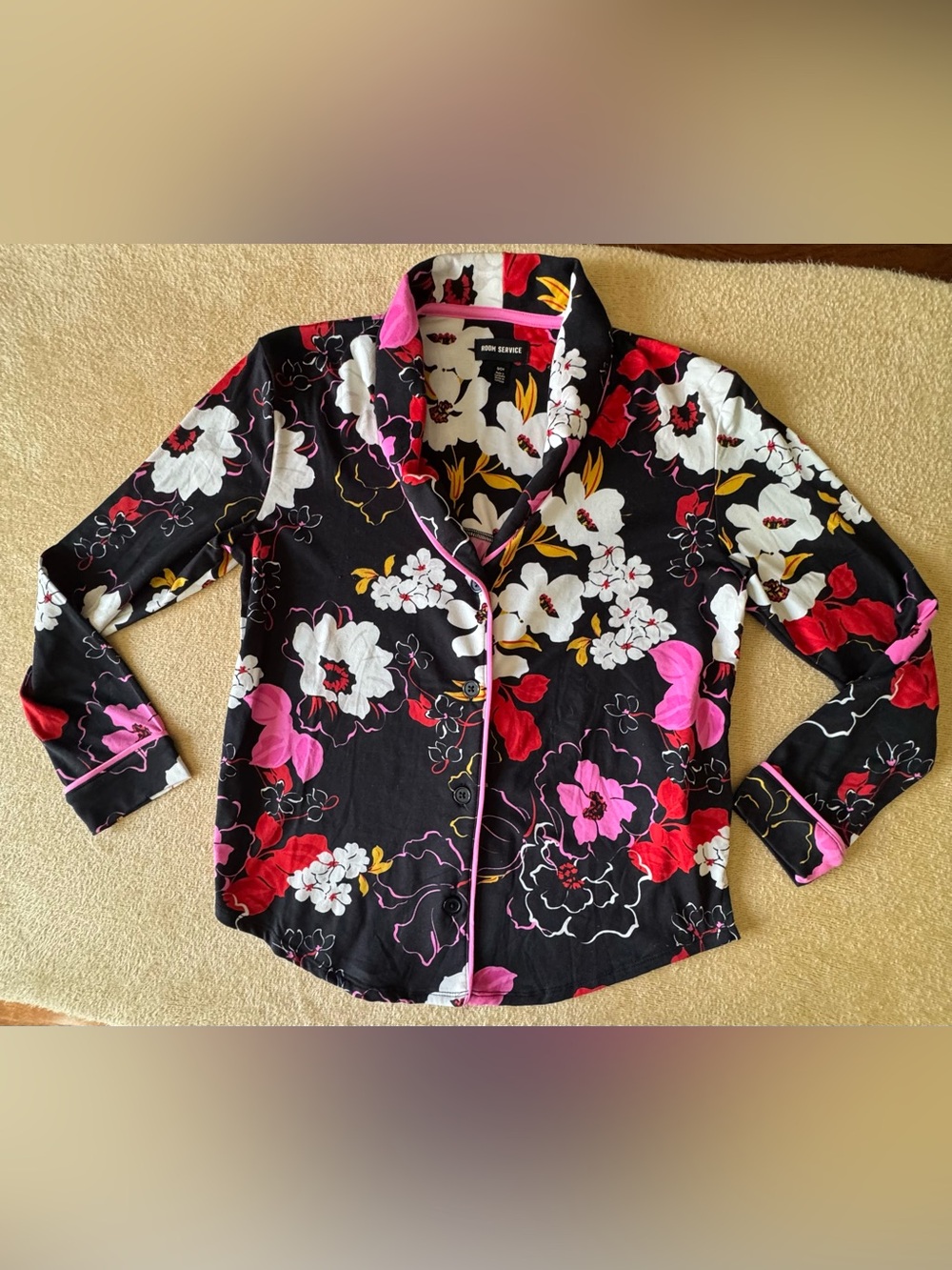 Floral Button-Up Pajama Top in Black with Pink & Red Blooms NWOT